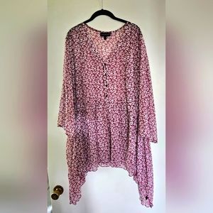 Lane Bryant Flowy Babydoll Blouse Semi-Sheer - Cranberry Floral - Size 26/28
